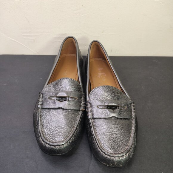 Coach Penny Loafers Womens Size 7.5 Pewter Metallic Pebbled Leather Moc - Picture 2 of 16
